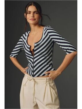 Maeve Black and White Striped Zip-Front Top